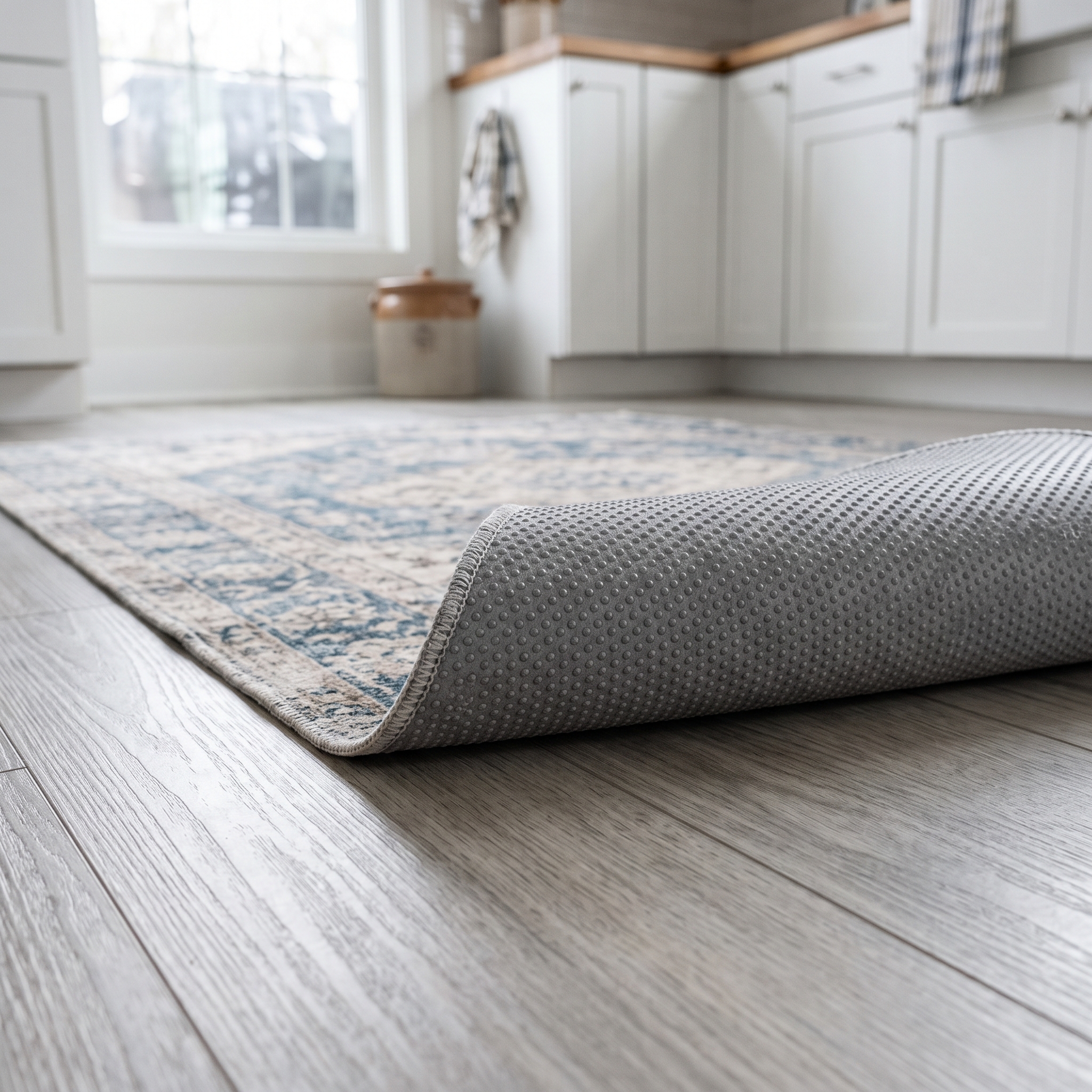 Gray dotted TPR backing on the underside of a washable rug, folded back on a vinyl plank kitchen floor